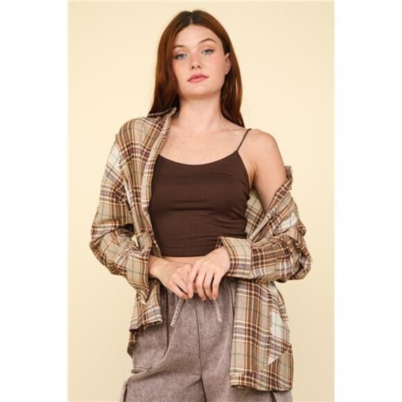 VERY J Contrast Plaid Raw Detail Shirt - Picture 3 of 5